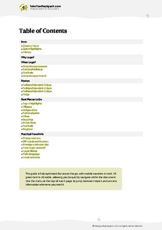 example page 2 from our offline Travel Guide for Falkland Islands